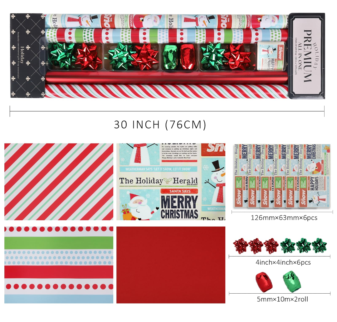 LaRibbons Christmas Wrapping Paper Roll with Cutlines, Polka Dot & Stripe Design with Gift Bow & Ribbons & Tags, Perfect for Christmas, Holiday Party, 30 Inch X 10 Feet (4Rolls, 100 sq.ft.ttl.)