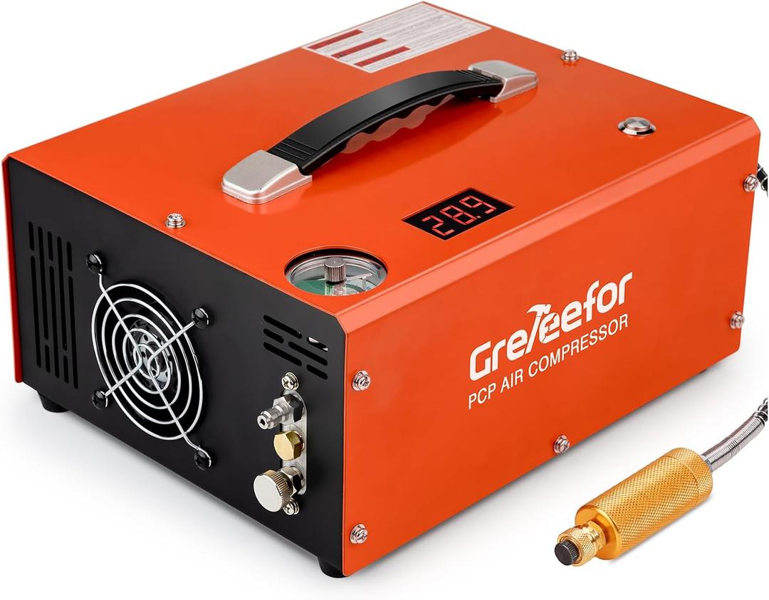 PCP Air Compressor 4500Psi/30Mpa, 350W Oil-Free Fast Fill Pump with Auto Shut-Off, Dual Power 12V DC & 110V/220V AC, Portable Air Pump Paintball, Air Rifle, Airguns HPA Tanks, Orange(Compact)