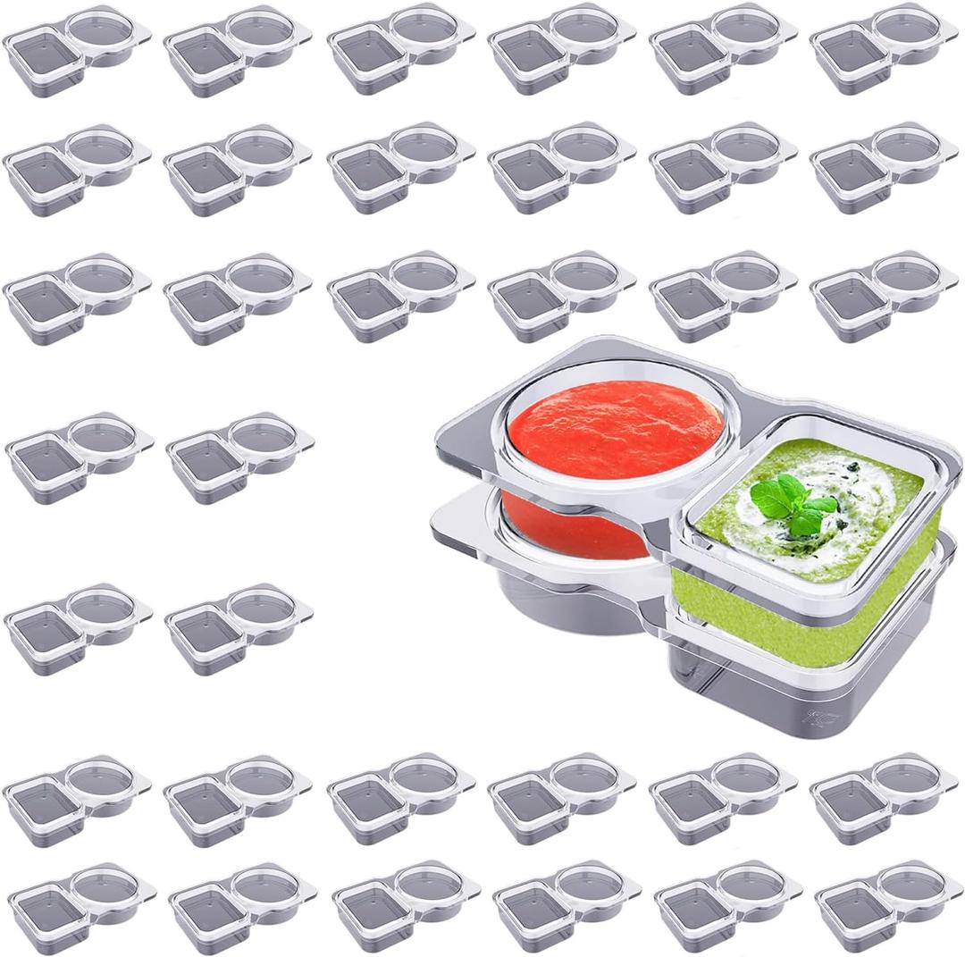 36 PCS Plastic Snack Containers, Double Compartment Condiment Containers with Lids, Reusable Snack Container, Suitable for Kitchen Storage and Outdoor Parties (36 PCS)