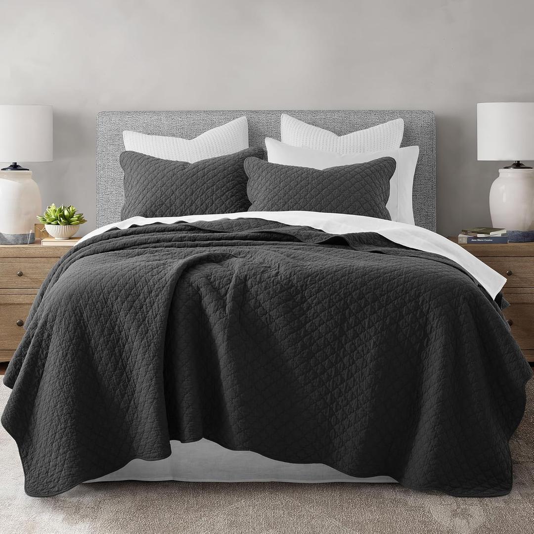 HORIMOTE HOME 100% Cotton Quilt Queen Size, Charcoal Soft Lightweight Cotton Bedspread Coverlet 3 Pieces Scalloped Edge Geometric Stitching Quilt Bedding Set with 2 Sham for All Season, 90 x 96 inches