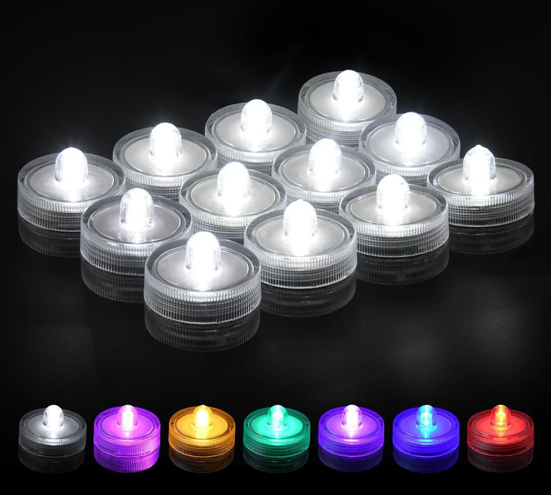 KOABY 12 Pack Warm White Submersible LED Lights, Waterproof Flameless Submersible Lights for Decor