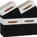 Temary 11 inch Cube Storage Bin 4 Pack Fabric Storage Cubes for Home, Fabric Storage Bin Storage Cube Bins with Leather Handles(White&Black)