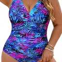 Aqua Eve Women Plus Size One Piece Swimsuits Tummy Control Bathing Suits V Neck Ruched Swimwear Blue Purple Tropical Leaves 18W