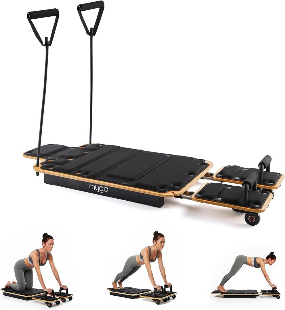 Myga Wooden Pilates Reformer,Home Pilates Machine with Adjustable Resistance and Padded Handles,Compact Durable Reformer for Core Strength, Full Body Workout,Toning and Flexibility