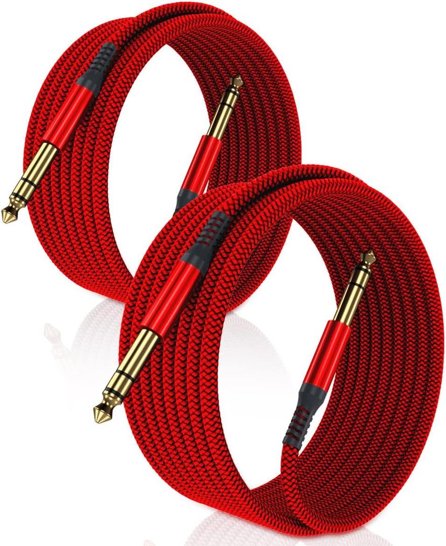 Elebase 1/4 Inch TRS Instrument Cable 10ft 2-Pack,Straight 6.35mm Male Jack Stereo Audio Interconnect Cord,6.35 mm Balanced Line for Electric Guitar,Bass,Keyboard,Mixer,Amplifier,Amp,Speaker,Equalizer (Red)