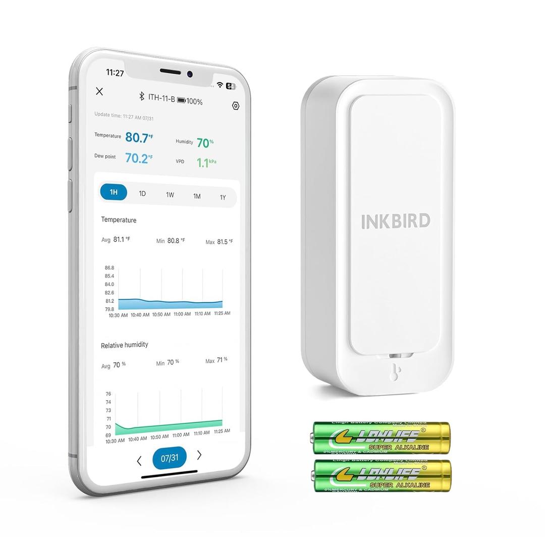 INKBIRD ITH-11-B Indoor Outdoor Thermometer Hygrometer Mini Bluetooth Refrigerator Thermometer IP65 Waterproof with APP Notification Alert 2 Years Free Data Storage Export