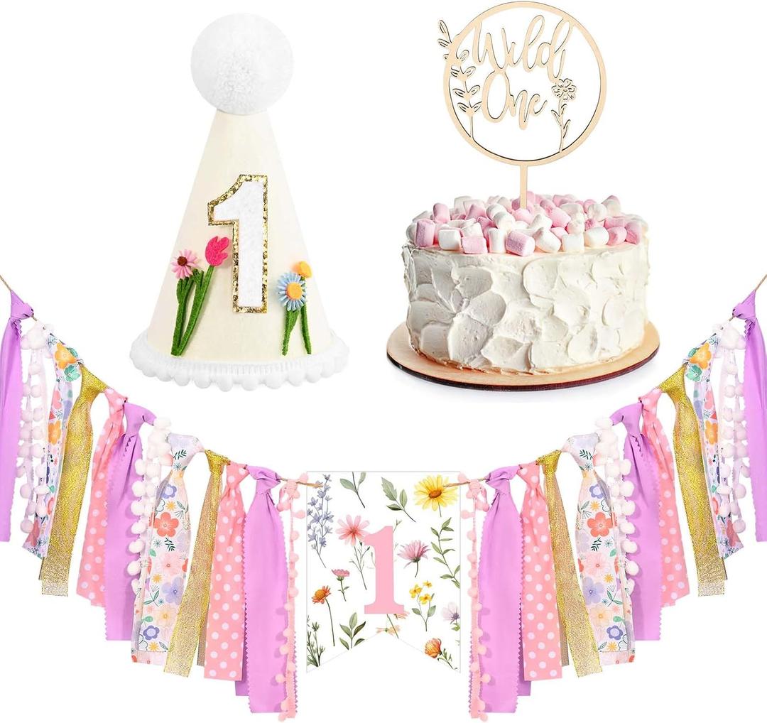 Wildflower First Birthday Decorations Wildflower One Cake Topper Birthday Hat 1st Birthday Highchair Banner Photo Prop for Happy Birthday Party Decorations (Wild Flower)