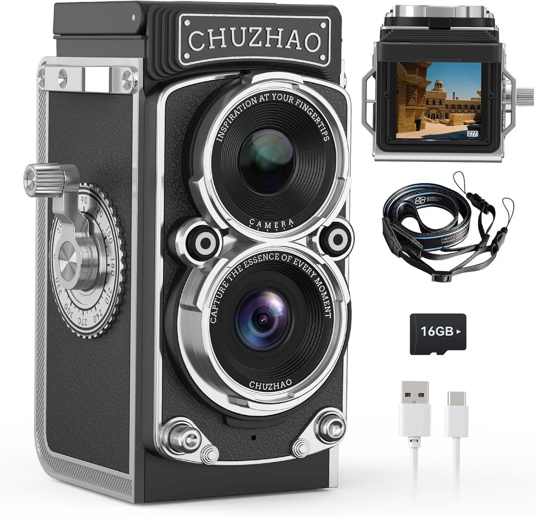 Mini Vintage Digital Camera, Portable Retro Twin-Lens Reflex Style Digital Camera with 16GB Card, 12MP Photos, Autofocus, 1080P FHD Video, 1000mAh Battery and Dual Filters, Perfect for Boys & Girls