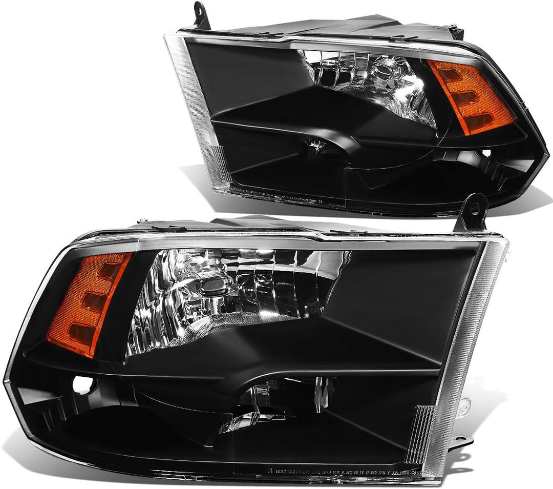 DNA MOTORING HL-OH-DR09QUA-BK-AM Black Amber Headlights Compatible with 10-18 Ram 1500-5500,Fit Dual or Quad Headlight Models