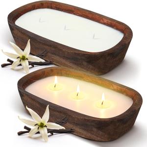 2 Pack Wood Dough Bowl Candle 10 Inch Vanilla Candle Decorative with Wick Scented Candles Soy Gifts for Men Women Farmhouse Table Centerpiece Home(10 Inch,Vanilla)