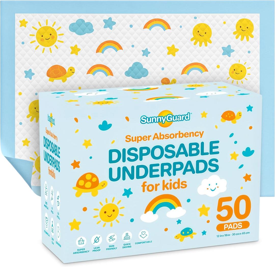 SunnyGuard Disposable Changing Pads for Baby 13 x 18 Inches, 50 Diaper Changing Pad with Unique Design & 6 Layers of Protection for Nursery Use, Travel Changes & Pee Pad Protection, 33 x 46 CM