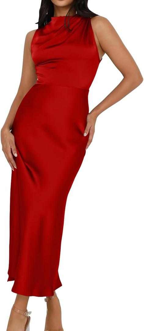Memoriesea Women's Sexy Sleeveless Cowl Neck Flowy A Line Party Cocktail Midi Dress (Red)