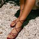 PARTY Women's Strappy Sandals Gladiator Lace Up Flats Summer Wrap Open Toe Tie Up Shoes, Burgundy, 8