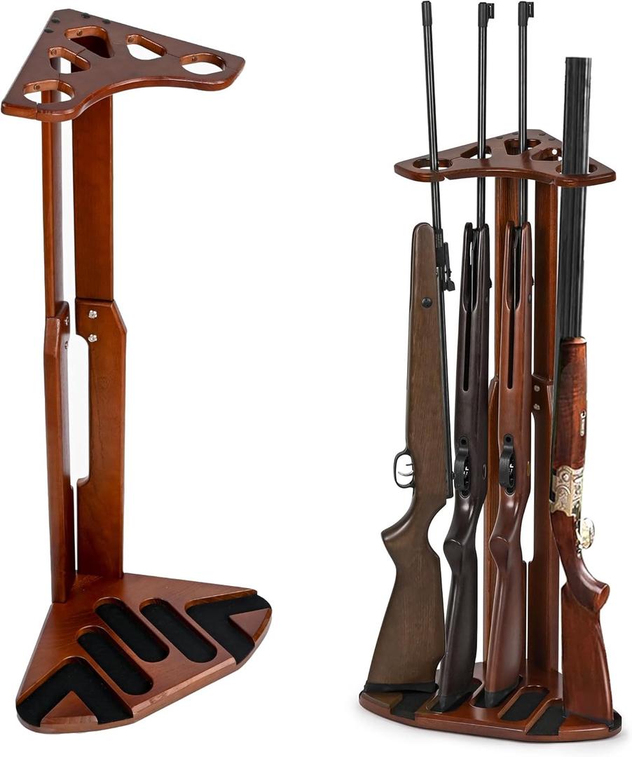 TESLYAR Wood Gun Rack Stand for Up to 5 Rifles - Rifle Stand - Stylish Indoor Gun Racks - Corner Gun Rack Floor Stand - Gun Display & Storage with Magnetic Holder - Unique Natural Hardwood Gun Rack