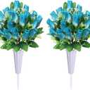 Cemetery Flowers for Grave,2Pack Memorial Roses Bouquets with Vase for Grave Tombstone Decorations(Deep Blue)