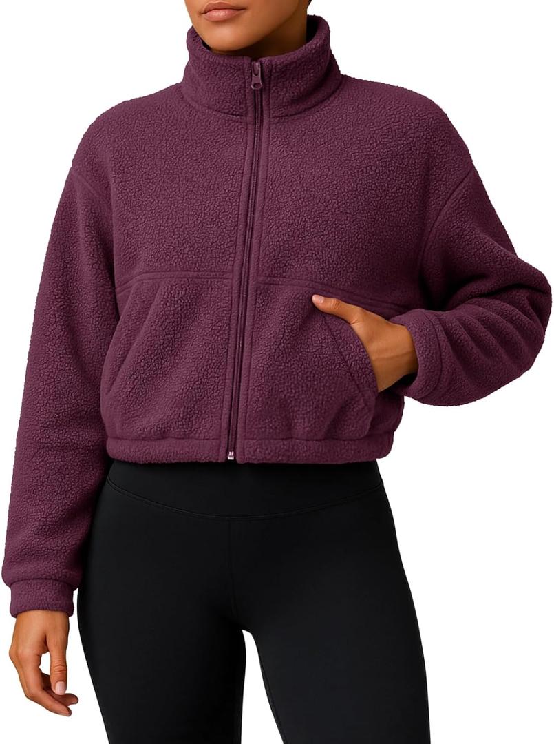 PINKMSTYLE Women Zip Up Fleece Sherpa Jacket Coat - Winter Warm Trendy Cropped Sweatshirt for Casual,Workout (Red, L)