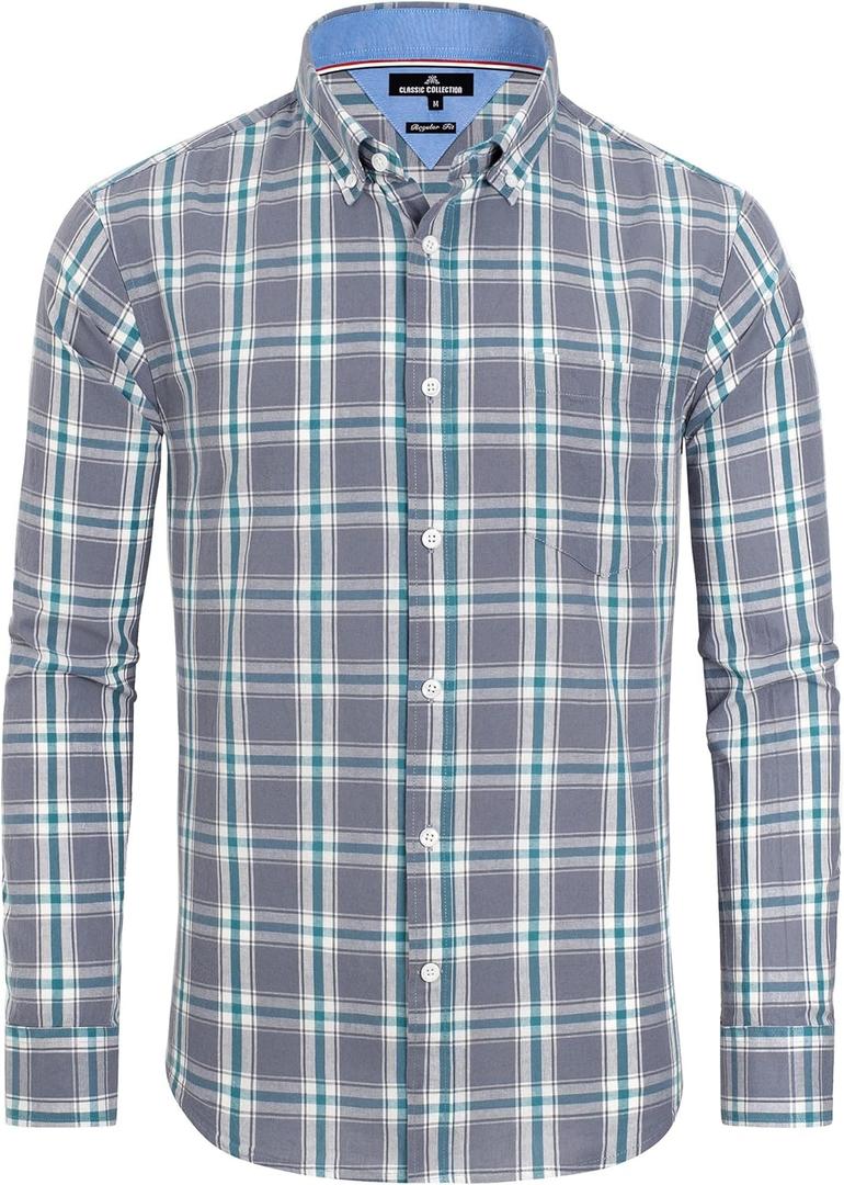 Alimens & Gentle Men's Plaid Button Down Shirts Cotton Long Sleeve Dress Shirts Regular Fit Gingham Shirts (Large, Grey/Green, Plaid)