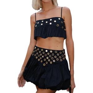 Wuitrie Women 2 Piece Outfits Sleeveless Crop Top Mini High Waisted Pleated Skirt Set for Summer Party Club Going Out (Black, S)