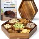Snack Tray with Lid That Doubles as a Serving Tray - 13"x11" Acacia Wood Decorative Tray with 7 Compartments for Dry Fruits & Nuts, Hexagon Coffee Table or Ottoman Tray with Handles for Living Room