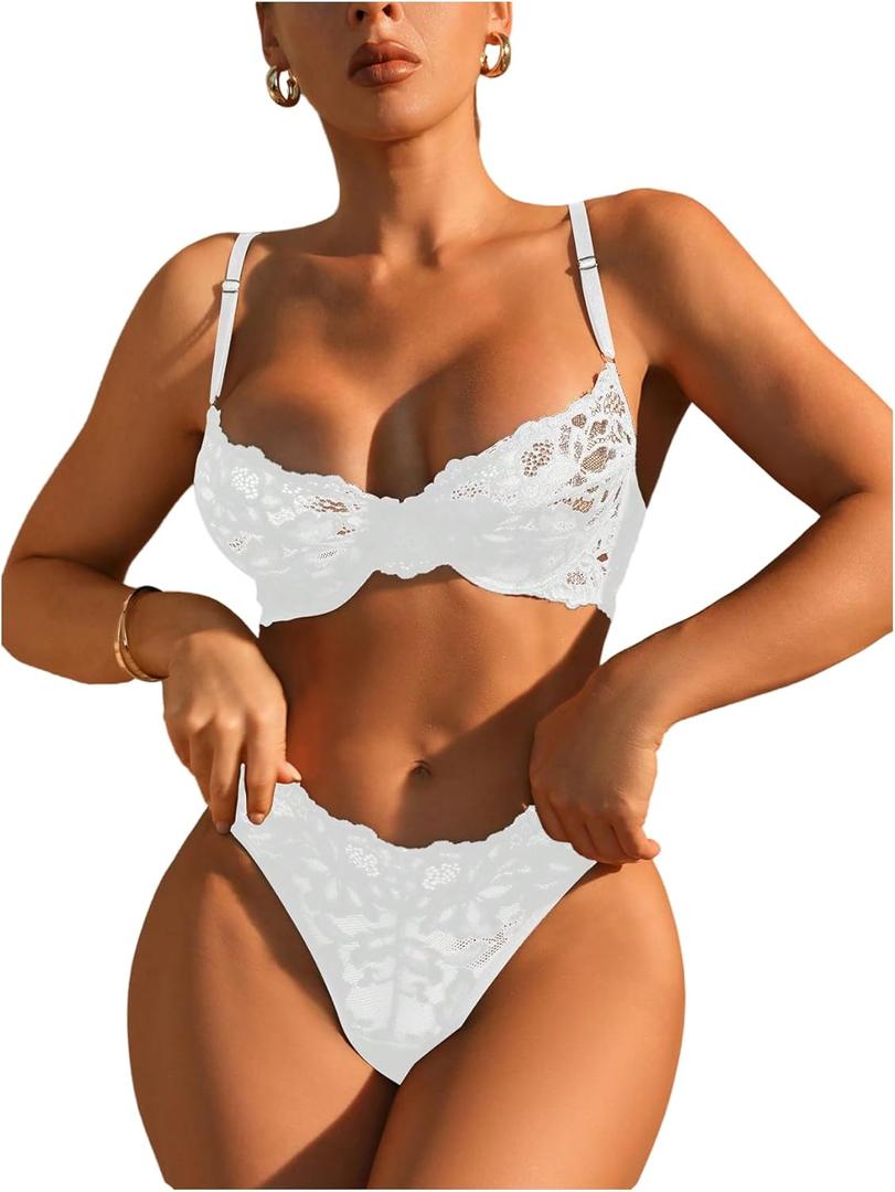 SOLY HUX Women's Floral Lace Sheer Underwire Bralette Bra and Panty Lingerie Set, X-Large (Pure White)