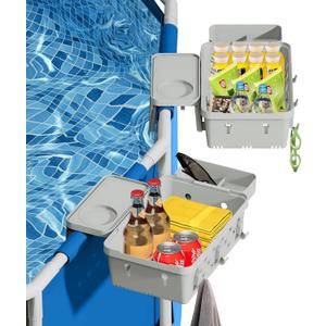 2 Pack Ground Pool Basket with Pool Cup Holder - XL Pool Side Storage Basket for Drinks and Gear, Fits 3" Rails, Intex/Bestway Pool Accessories Compatible Pool Essentials (2, Gray)