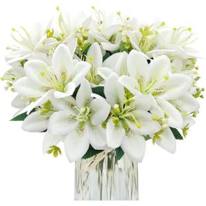 4 Bundles Artificial Tiger Lily Silk Flowers Faux Fake Lilies Plants for Wedding Bouquet Home Party Indoor Table Hotel Office Vases Floral Arrangements Outdoor Garden Decor (White)