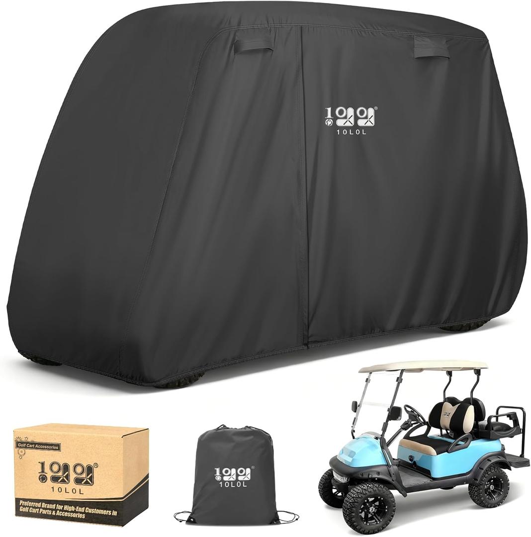 10L0L Golf Cart Cover 2/4/4+2 Passenger for Yamaha EZGO Club Car, Heavy Duty 420D Waterproof Windproof Durable Oxford Golf Cart Cover with 3 Zipper Doors for All-Weather Protection (Black/Silver)