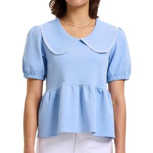HOULENGS Women's Summer Puff Sleeve Peplum Babydoll Tops 2025 Peter Pan Collar Flowy Shirts Casual Ruffle Cute Blouse Top (Blue, L)