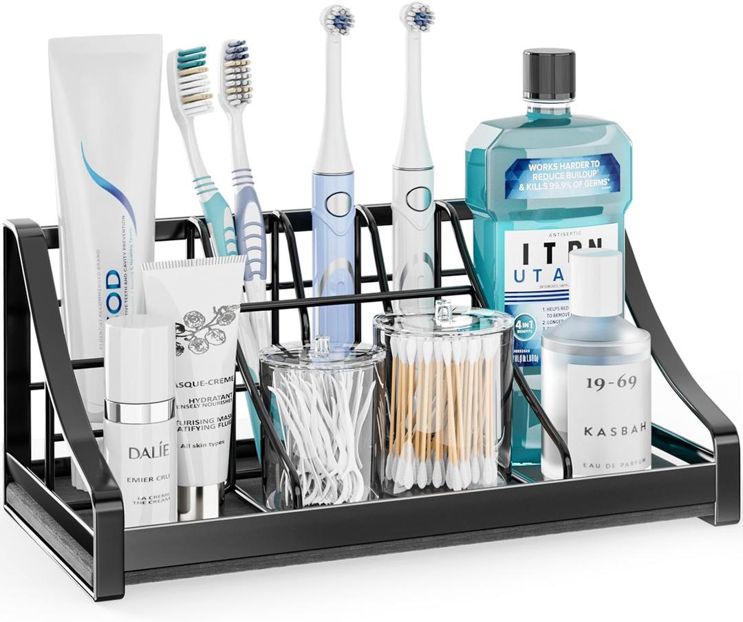 Toothbrush Holder Instant-Dry Organizer - Bathroom Countertop Organizer Kids Electric Toothbrush Toothpaste Holders - 7 Slots Bathroom Sink Accessories Storage Tooth Brush Counter Organization, Black