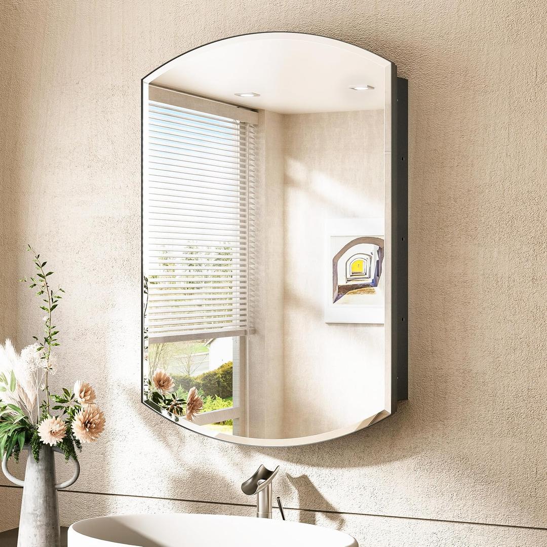 TokeShimi 24x36 Recessed Medicine Cabinet with Mirror Arched, Oval Black Medicine Cabinet with Mirror Beveled with Storage Bathroom Metal Surface Mount Modern