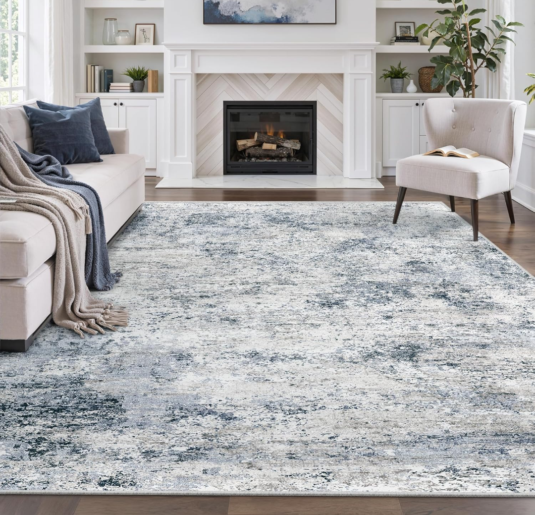 6x9 Washable Rug Living Room, Modern Abstract Area Rug Indoor Floor Non-Slip Large Rug for Bedroom, Foldable Soft Low Pile Carpet (Grey Blue, 6'x9')