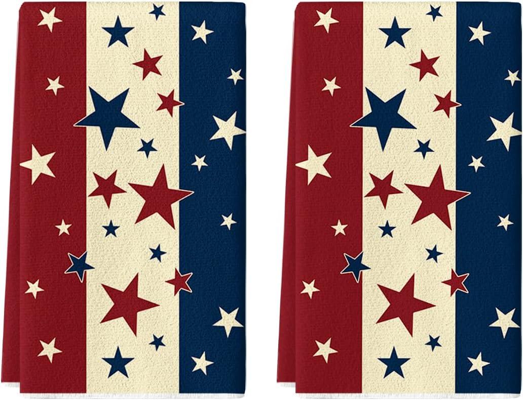 Artoid Mode Stripes Stars America Patriotic 4th of July Kitchen Towels Dish Towels, 18x26 Inch Farmhouse Memorial Day Decoration Hand Towels Set of 2