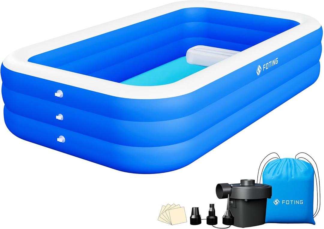 FOTING Inflatable Pool for Adults with Electric Pump,Carrying Bag &Inflatable Seat,120"X72"X23"Full-Sized Blow Up Pool Oversized Thickened Family Large Swimming Pool for Backyard Garden Outdoor Summer