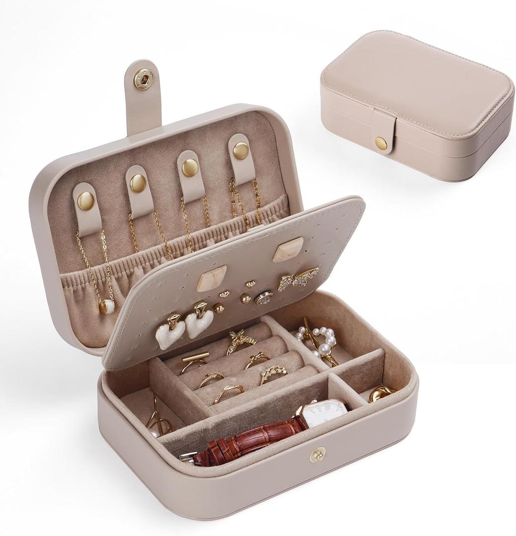 Travel Jewelry Case, PU Leather Jewelry Travel Organizer for Necklace Rings Bracelet Earrings Holder Case Portable Jewelry Boxes for Women, Light Taupe (Small)