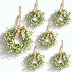 6 Pcs Mini Baby Breath Hanging Wreaths Gypsophila Candle Rings Pillar Holder Wreath Artificial Flower Spring Summer Floral Wreath for Wedding Farmhouse Porch Cabinets Table Decoration