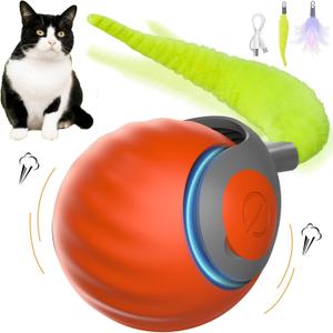 2 x Upgraded Speedy Interactive Cat Ball 4.0 Toys with 2 Optional Tails, Smart Moving Ball Cat Toy for Bored Indoor Cats, Rechargeable & Detachable Automatic Kitten Rolling Balls Toy (Orange)