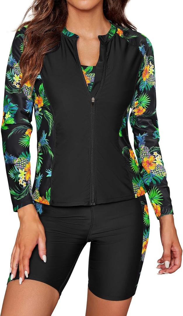 SHEKINI Women's 3 Piece Rash Guard Long Sleeve Swimsuits Zip Bathing Suits with Pants UPF 50+ Shirt (XX-Large, Black/Pineapple)