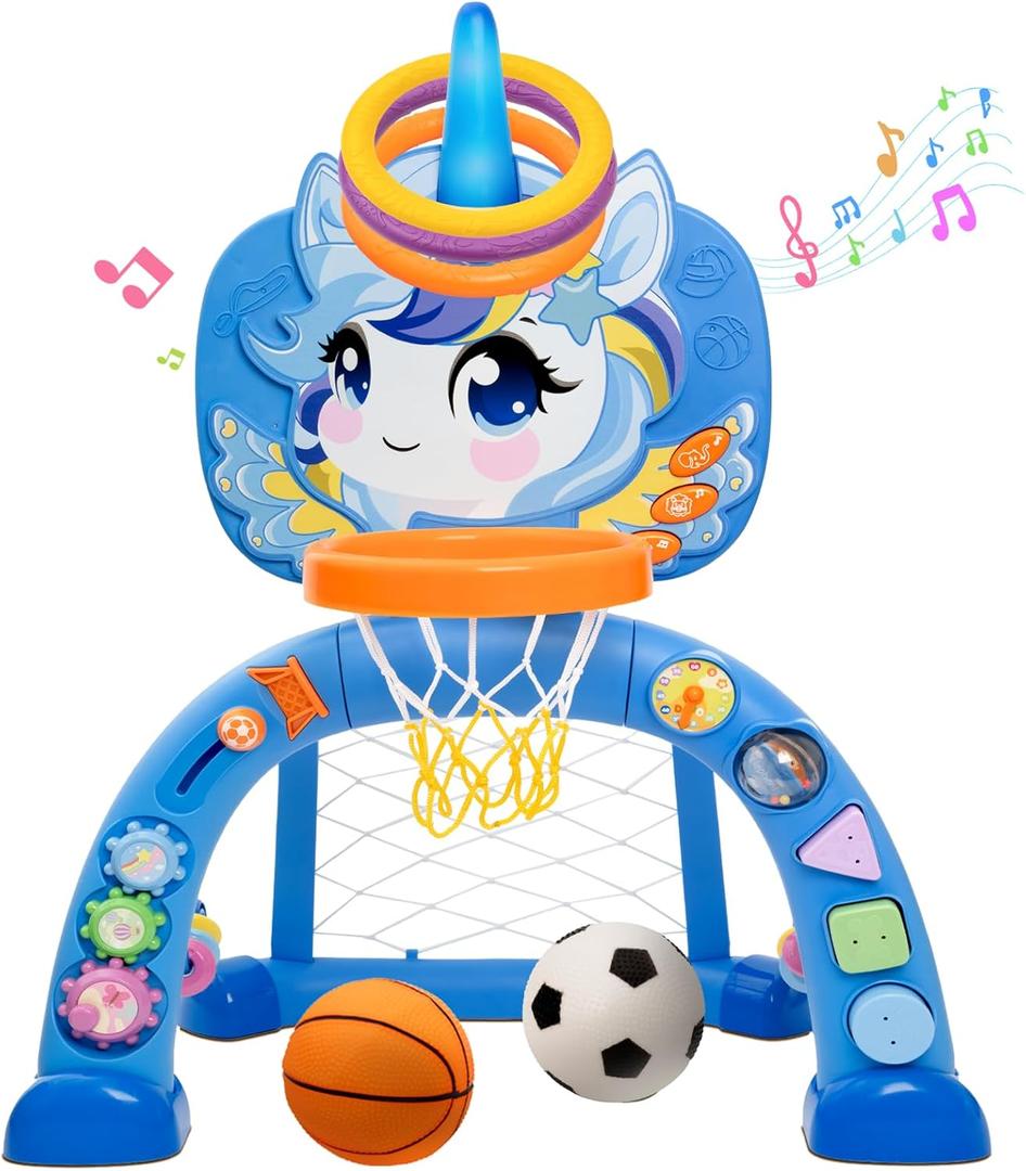 Basketball Hoop & Soccer Goal for Toddlers  3-in-1 Sports Play Set with Ring Toss | Indoor Outdoor Activity Toy for 1 2 3 Year Old Boys | Birthday for Active Play (Blue)