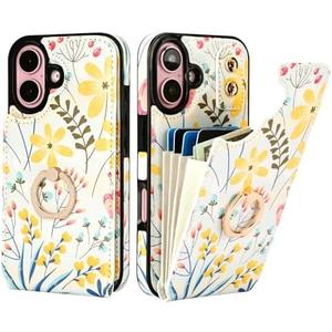 HAOPINSH for iPhone 16 Wallet Case with Card Holder, 360°Rotation Ring Kickstand, Floral Flower Pattern, RFID Blocking Leather for Girls Women, Double Buttons Protective Cover 6.1"