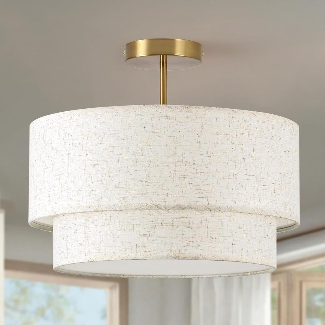 16" Drum Light, 3-Light Flush Mount Ceiling Light with 2-Tier Linen Fabric Shade, Gold Drum Light Fixture for Dining Room, Entryway, Bedroom, Kitchen, Hallway