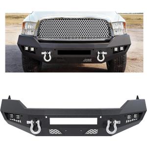Front Bumper Compatible with 2013-2023 Dodge Ram 1500 Classic 2WD 4WD W/4 x LED Lights + 2 x D-rings Steel Powder Coated Black (2 Packages)