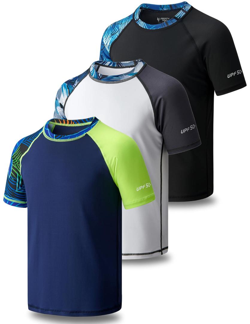 Liberty Pro 3 Pack Boys' UPF 50+ Rash Guard Short Sleeve Swim Shirts, Quick Dry UV Protection Swimwear for Kids, Set 3, Youth Medium (Black, M)