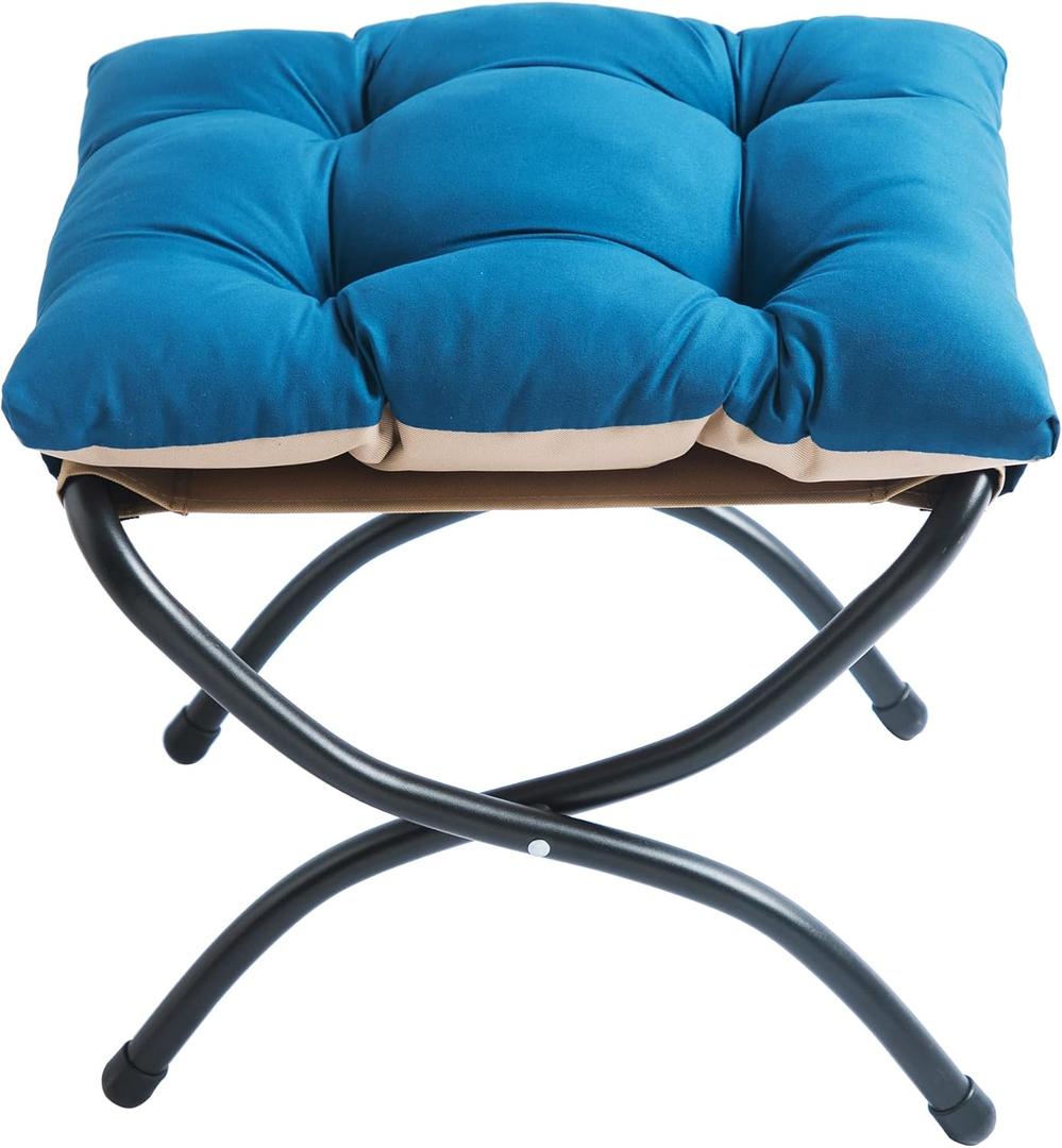 15" Folding Foot Stool for Patio, Small Accent Outdoor Ottoman, Metal Frame Foldable Foot Rest, Upholstered Morden Folding Footstool for Home Living Room Bedroom Washable Sapphire
