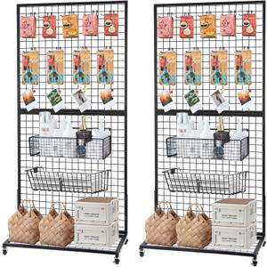 Grid Wall Panels, 2 Packs 3'x 6' Gridwall Display Stand with a Base Plate, Black Wire Grid Wall Display Rack, Craft Show Display Grid,Retail Display Stand
