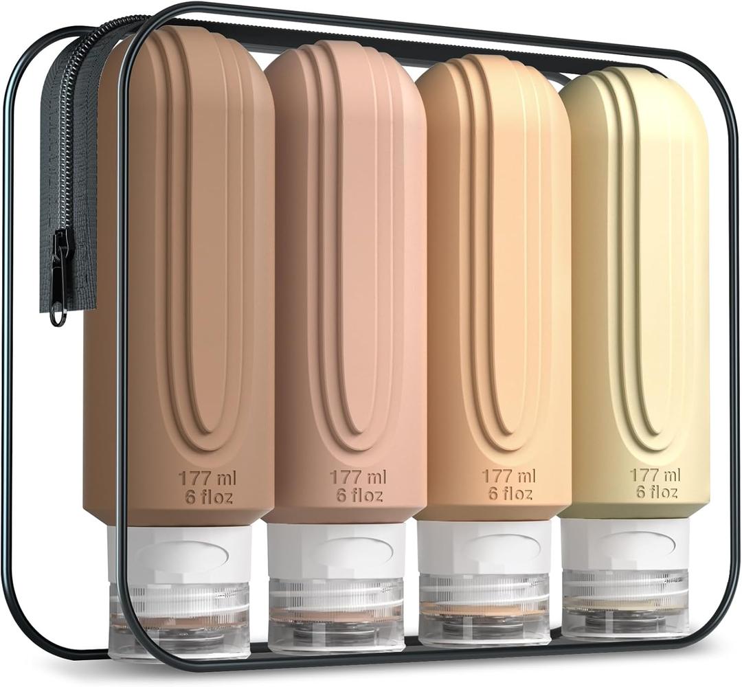 Mrsdry Travel Bottles for Toiletries, Large 6oz Oversized Containers, BPA Free Leak Proof Tubs Refillable Liquid Traveler Accessories with Toiletry Bag for Cometic Shampoo and Lotion Soap (4 Pack)