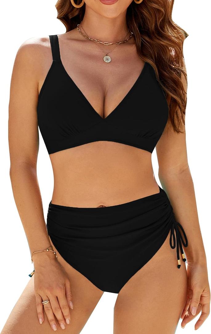 Edelqual Women High Waisted Bikini Sets Tummy Control Swimsuits Two Piece Bathing Suit 2025 Full Coverage Swimwear (Medium, Black)