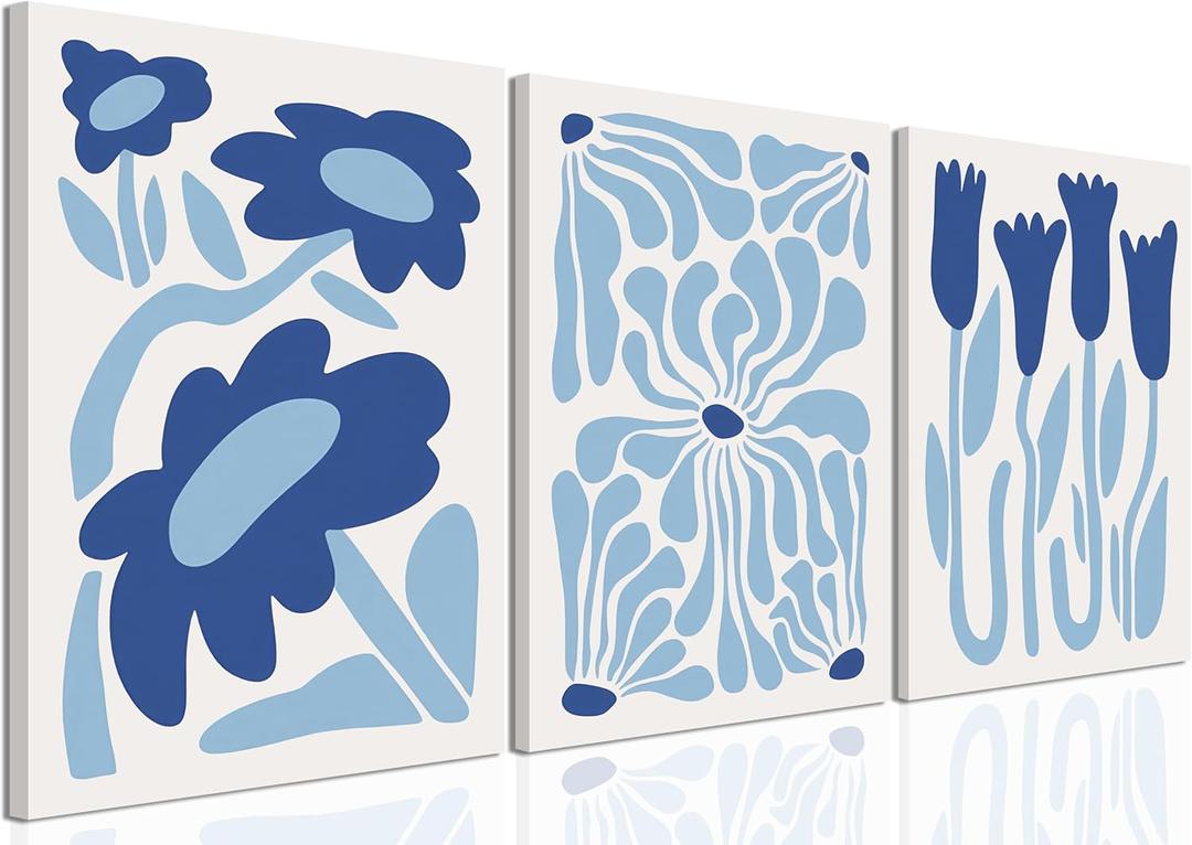 Blue Flower Wall Art Set of 3, Henri Matisse Light Blue Aesthetic Wall Decor, Abstract Gallery Posters Canvas Painting Pictures Prints for Bedroom Living Room Bathroom Framed 16x24 inch