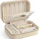 Genuine Leather Travel Jewelry Organizer Case with Mirror for Women, Small Mini Portable Jewelry Box for Ring Earrings Necklace Bracelet Luxury Gift for Women（Beige）