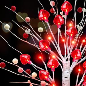 Prelit & Timer - Valentines Day Decorations, 1 Pack 18 Inch Valentines Day Tree Tabletop Lighted Birch Tree 24 LED Red Lights Heart Berries Battery Operated Valentine Decor Home Table Kitchen Party