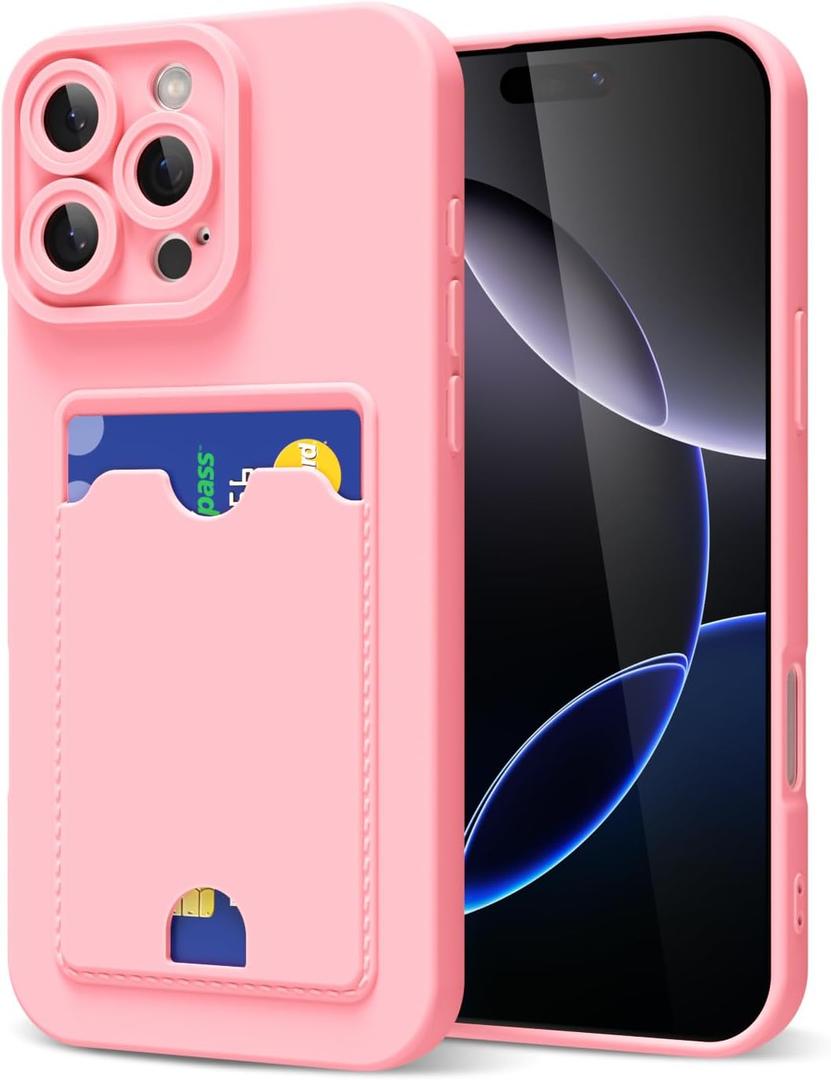 Oakxco for iPhone 16 Pro Max Case with Card Holder, Silicone Wallet Phone Case with Credit Card Slot, Soft Rubber Thin Slim Purse for Women Men, Cute Solid Color & Protective Bumper, Light Pink